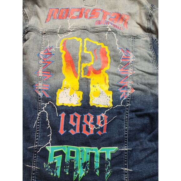 Rockstar Original Denim Jacket Mens XXL Blue Saint Sinner Distressed Streetwear - Picture 7 of 7
